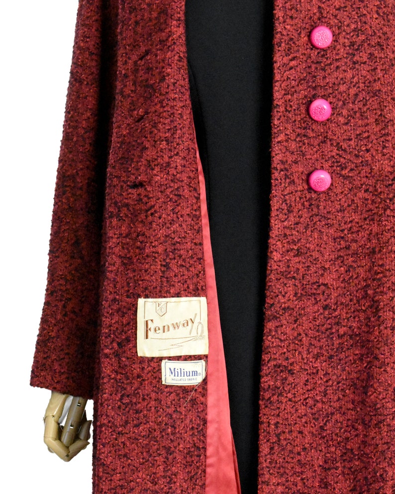 milium insulated fabric 50s vintage clothing women hot pink button coat 1950s red boucle tweed cocoon coat medium large