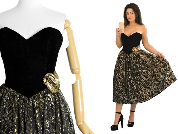 1980s black gold lurex prom dress | gunne sax prom