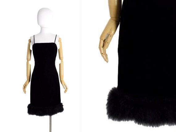 1990s black velvet and feather boa mini dress | bl