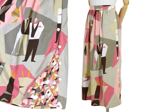 1980s art deco print cotton maxi skirt | deco prin