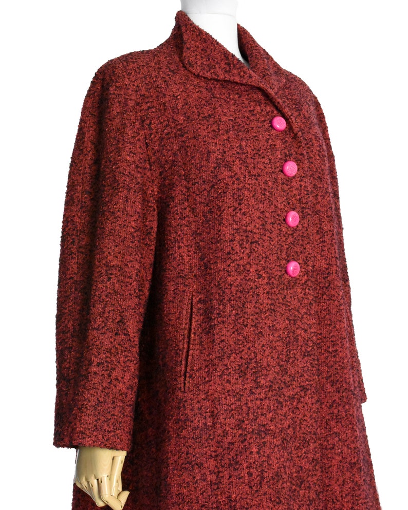 milium insulated fabric 50s vintage clothing women hot pink button coat 1950s red boucle tweed cocoon coat medium large