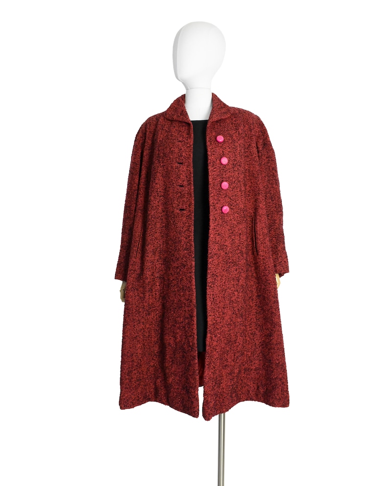 milium insulated fabric 50s vintage clothing women hot pink button coat 1950s red boucle tweed cocoon coat medium large