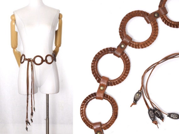 1970s brown leather fringe tie belt | brass-studde