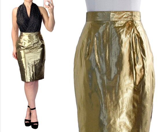 80s metallic gold pencil skirt with pockets | gold