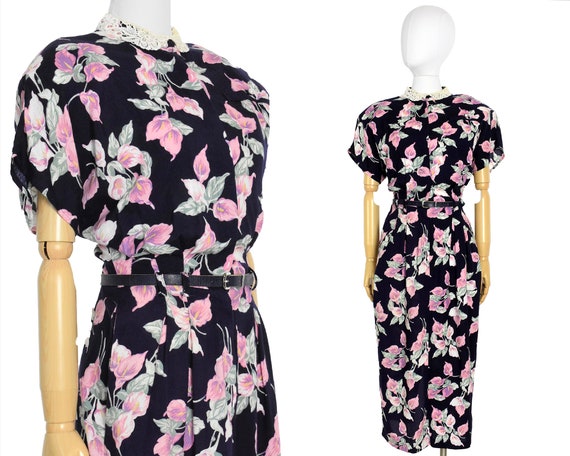1980s calla lily floral shirtwaist dress | 1980s d