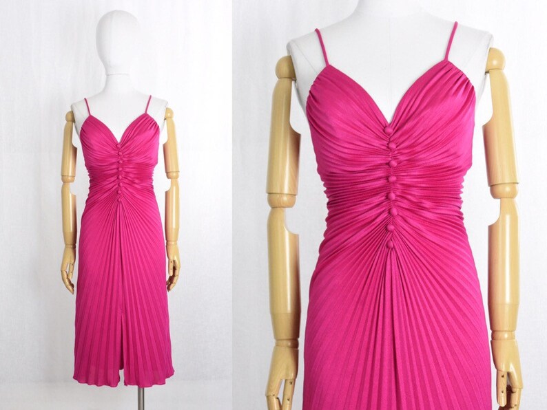 xs 1970s hot pink pleated disco dress 70s does 50s style vintage clothing studio 54 disco dress new leaf by samir