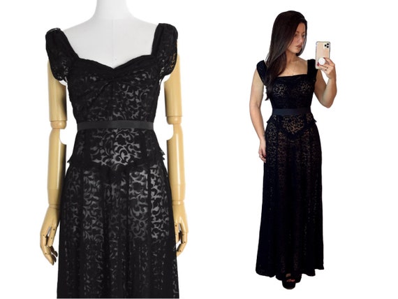 1930s black devoré lace evening dress | dark cotta