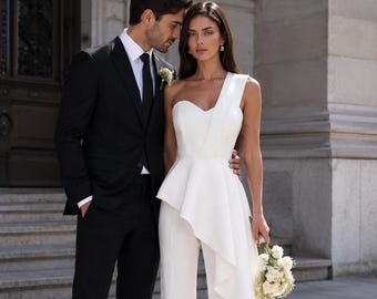 Civil Wedding White Pantsuit One-Shoulder Peplum Top | Wide Leg Trousers Crepe Suit | Courthouse Elopement Bridal Outfit