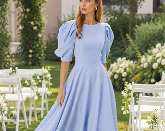 Wedding Guest Dress Light Blue Midi | Puff Sleeve Open Back Fit and Flare | Bridal Shower Rehearsal Dinner Dress