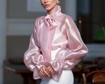 Organza blouse with neck bow tie sheer, organza bow blouse, sheer elegant blouse for women, puffy sleeve organza shirt