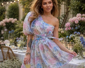 Floral One Shoulder Mini Dress Puff Sleeve | Garden Party Bridal Shower Dress Tie Waist | Pastel Watercolor Print Dress