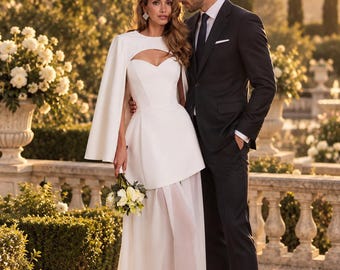 Second Wedding Dress White Chiffon | Rehearsal Dinner Two Piece Set with Optional Cape