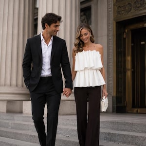 Strapless Ruffle Peplum Top White | Civil Wedding Courthouse Bridal Outfit | Elegant Rehearsal Dinner Structured Bodice