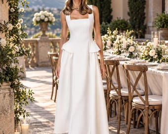 White Rehearsal Dinner Dress | Tea Length Square Neck Midi | Civil Wedding Courthouse Dress