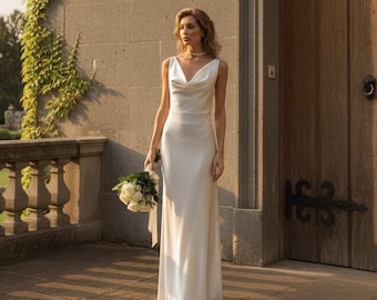 Minimalist cowl neck slip wedding dress milk white satin Old Hollywood bridal gown for civil ceremony elopement and reception