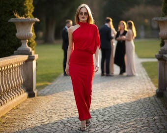 Elegant red draped maxi dress, asymmetrical one shoulder gown, formal wedding guest outfit