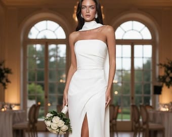 Minimalist wedding dress, white mermaid gown, reception wedding dress, modern bridal dress, elegant slit wedding gown