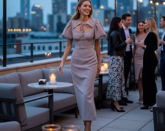 Coffee brown crepe midi dress: draped sweetheart neckline short puff sleeves A-line skirt; elegant cocktail outfit formal day gown