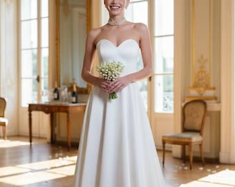 White strapless corset dress for civil wedding; elegant satin second reception gown; rehearsal dinner bridal shower dress; a line midi