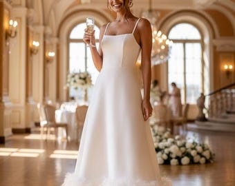 White midi wedding dress with feathers; civil bridal gown for bride; rehearsal dinner dress;elegant square neck prom dress with feather trim