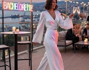Bachelorette white satin set: wide leg pants & long sleeve top; courthouse wedding outfit