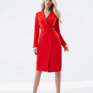 Robe blazer noire midi avec ceinture, élégante robe tailleur croisée, tenue de bureau formelle et tenue d'invitée à un mariage en soirée Rouge