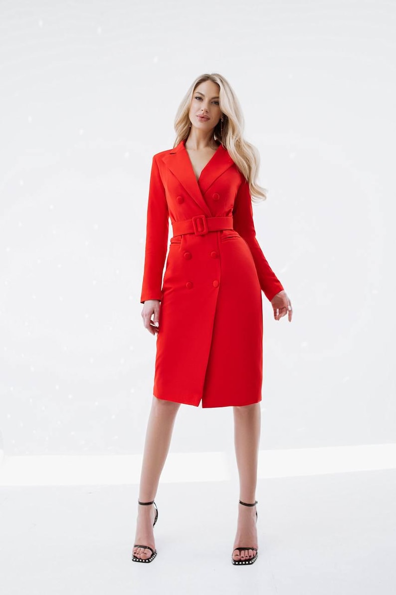 Robe blazer noire midi avec ceinture, élégante robe tailleur croisée, tenue de bureau formelle et tenue d'invitée à un mariage en soirée Rouge