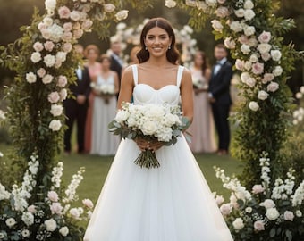 White midi wedding dress with tulle skirt, corset bridal gown, modern elopement dress