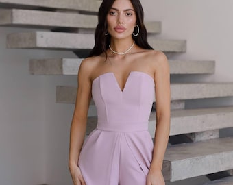 Wedding Guest Jumpsuit Blush Wide Leg | Strapless Corset Formal Outfit with Slit | Bridesmaid Evening Wear