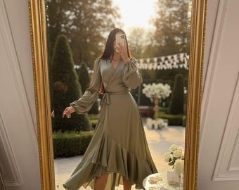 Fall wedding guest dress, satin wrap dress, sage green midi dress, long sleeve wedding guest dress, modest formal dress