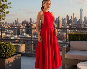 Red Midi Dress Open Back Cutout | Square Neck A Line Cocktail | Evening Party Formal Dress