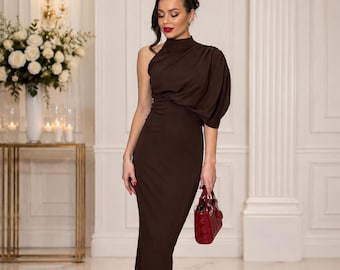Fall Wedding Guest Dress Chocolate Brown | One Shoulder Draped Column Maxi | Autumn Formal Evening Gown