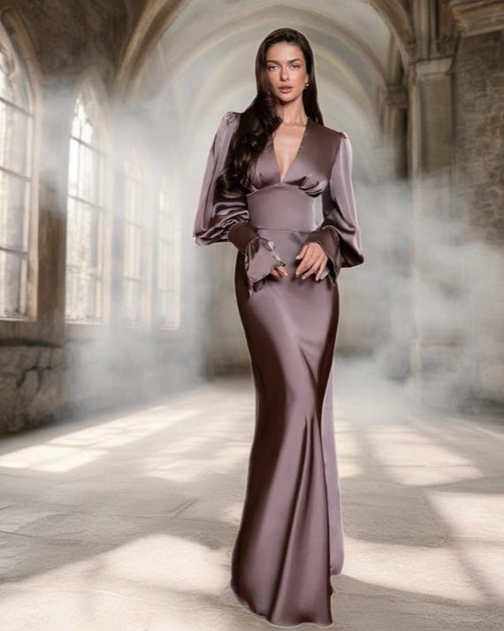 long sleeve taupe bridesmaid dresses Mocha Satin Maxi Dress Sleeve, Gown, Mother of the Bride Outfit, Brown Evening Dress, Modest Wedding Guest, Cocoa Size:US 6 / AUS 10 Long Sleeves Puff Sleeves 3D floral lace dress Dress BCBGMAXAZRIA Women's Blue