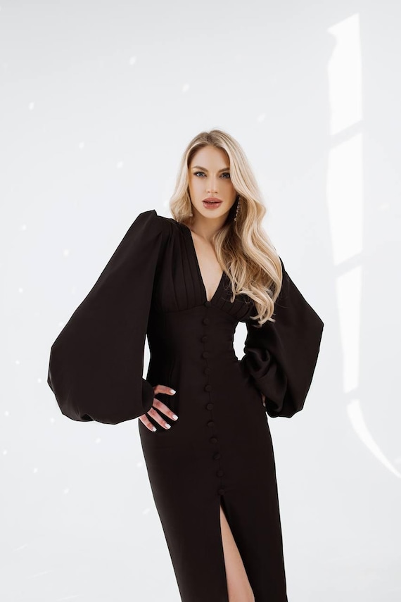 long sleeve black midi dress with slit Cali Chic Women Dress Black Sheer Mesh Long Sleeve Twisted Knot Side Slit Midi Dress
