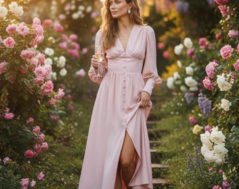 Blush Pink Midi Dress with Sleeves, Long Sleeve Guest Gown, V-Neck Button Down Dress, Elegant A-Line Party Outfit, Dusty Rose Prom