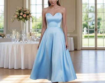 Light blue strapless corset dress; elegant satin midi for wedding guest or bridal shower; tea length garden party gown; a line coquette