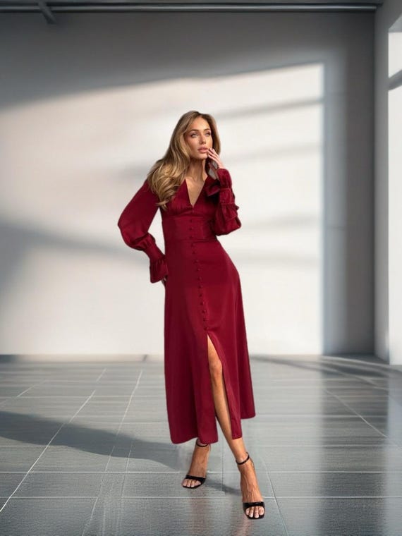 minimalist formal dress Elegant Satin Long Dress, Ivory Button Down Gown, Minimalist Wedding Guest  Dress, Satin Evening Dress for Women, Long Sleeve Formal Dress