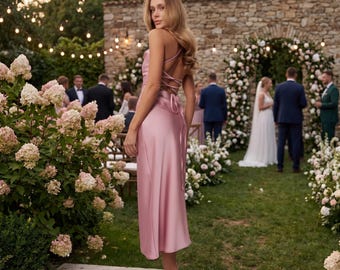 Pink Satin Midi Dress for Wedding Guest | Cowl Neck Lace Up Back Dress | Blush Slip Dress for Summer Wedding