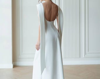 Minimalist Open Back Wedding Dress with Cape-Inspired Drape, Simple Civil Bridal Gown, Courthouse Ceremony, Elegant Reception 2026