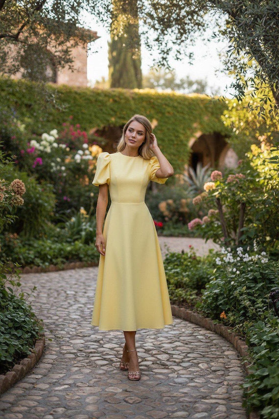 midi graduation dresses with sleeves Yellow Puff Sleeve Dress for Summer; Modest Dress; Yellow Garden Wedding Guest; Classy Tea Party Gown JD_KEEP_LIVE