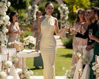 Pale yellow satin maxi dress: halter neck open back gown; summer wedding guest outfit