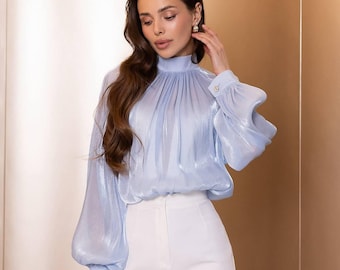 High neck chiffon blouse, bishop sleeve blouse, sheer organza top, old money blouse, elegant wedding guest outfit