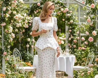 Pink floral midi dress with detachable basque peplum,cottagecore wedding guest dress, square neck puff sleeve gown, romantic tea party dress