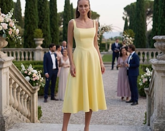 Yellow Midi Dress for Wedding Guest | Square Neck A-Line Sleeveless Dress | Lemon Summer Bridesmaid Dress