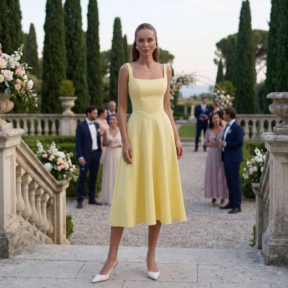 a line midi dress for wedding guest Yellow | Square Neck A-Line Sleeveless Dress Crafted from premium diagonal frate Short Split Sleeve Pearly Color:Sage (LightGreen)