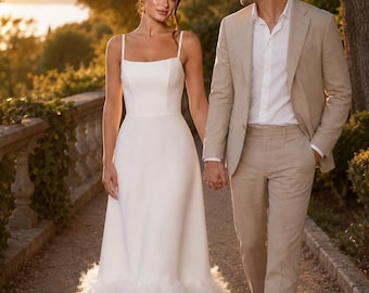 Civil Wedding Milk Midi Dress with Feathers | Square Neck Rehearsal Dinner Dress Spaghetti Strap | Elopement Bridal Shower Look