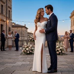 Op de afbeelding: Een vloerlange witte off-shoulder jurk met een hoge beensplit en een getailleerd silhouet, gecombineerd met een donker marineblauw pak met een fris wit overhemd en een lichtgekleurde das, samen staand op een stenen terras bij schemering.