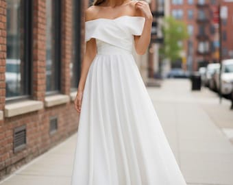 White midi civil wedding dress off shoulder, simple courthouse bridal gown, rehearsal dinner outfit, tea length elopement, bridal shower