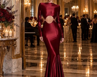 Burgundy Biflex Gown Long Sleeve | Holiday Party Mermaid Dress with Cutout | NYE Evening Gown