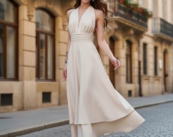 Ivory halter neck midi dress, open back wedding guest gown, tiered skirt old money aesthetic, bow back